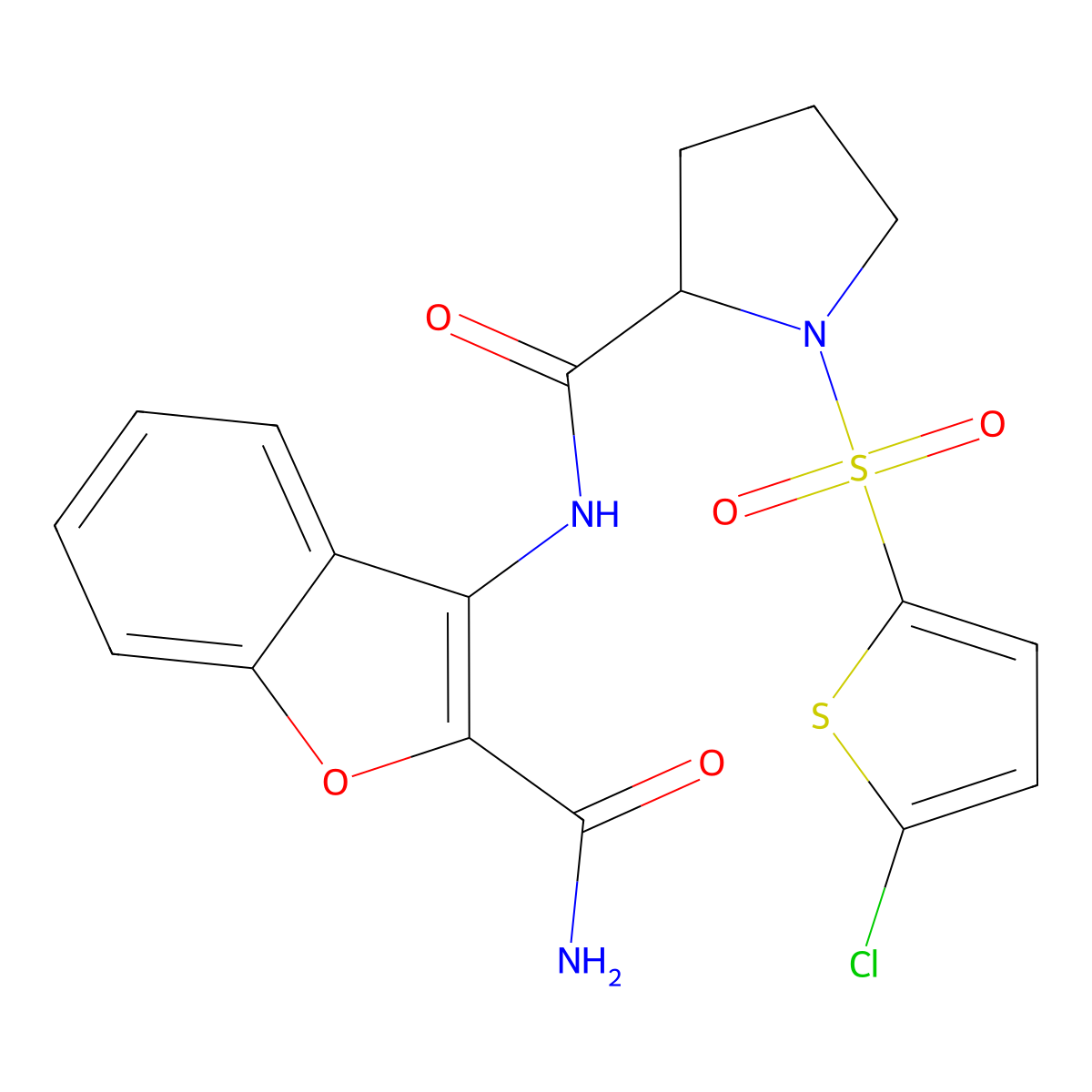 N-(2-carbamoylbenzofuran-3-yl)-1-((5-chlorothiophen-2-yl)sulfonyl)pyrrolidine-2-carboxamide molecular structure, CAS 1098645-07-8