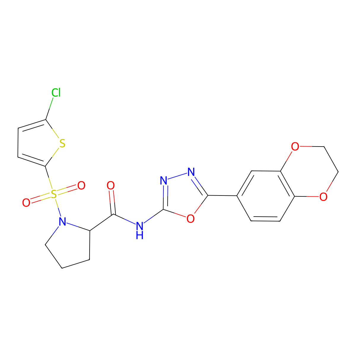 1-((5-chlorothiophen-2-yl)sulfonyl)-N-(5-(2,3-dihydrobenzo[b][1,4]dioxin-6-yl)-1,3,4-oxadiazol-2-yl)pyrrolidine-2-carboxamide molecular structure, CAS 1098646-11-7