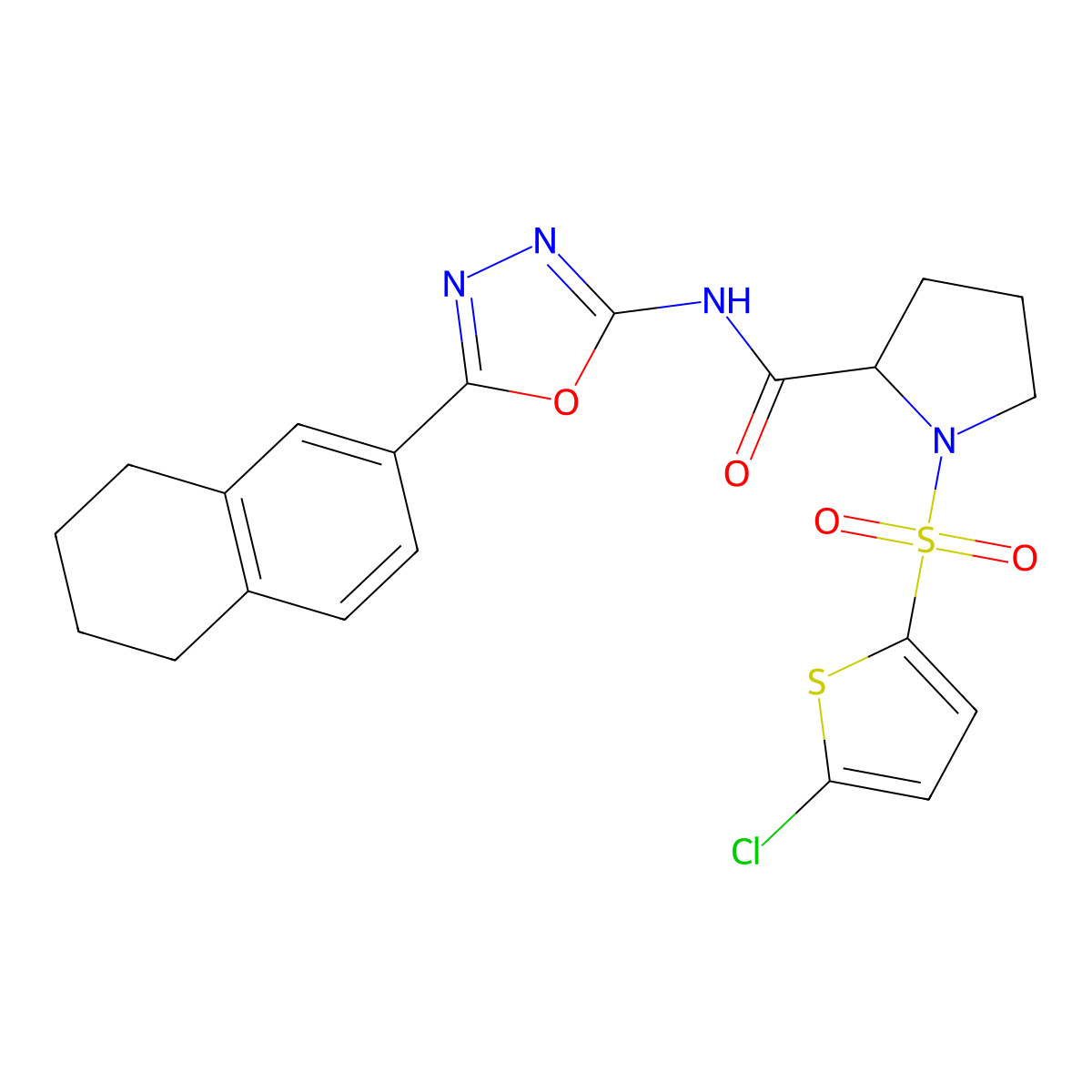1-((5-chlorothiophen-2-yl)sulfonyl)-N-(5-(5,6,7,8-tetrahydronaphthalen-2-yl)-1,3,4-oxadiazol-2-yl)pyrrolidine-2-carboxamide molecular structure, CAS 1098646-16-2