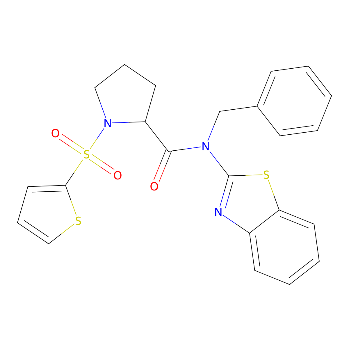 N-(benzo[d]thiazol-2-yl)-N-benzyl-1-(thiophen-2-ylsulfonyl)pyrrolidine-2-carboxamide molecular structure, CAS 1098646-86-6
