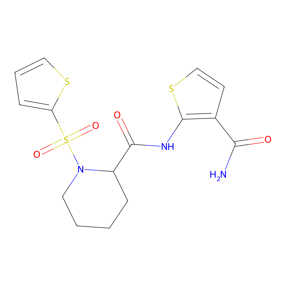N-(3-carbamoylthiophen-2-yl)-1-(thiophen-2-ylsulfonyl)piperidine-2-carboxamide molecular structure, CAS 1098689-18-9
