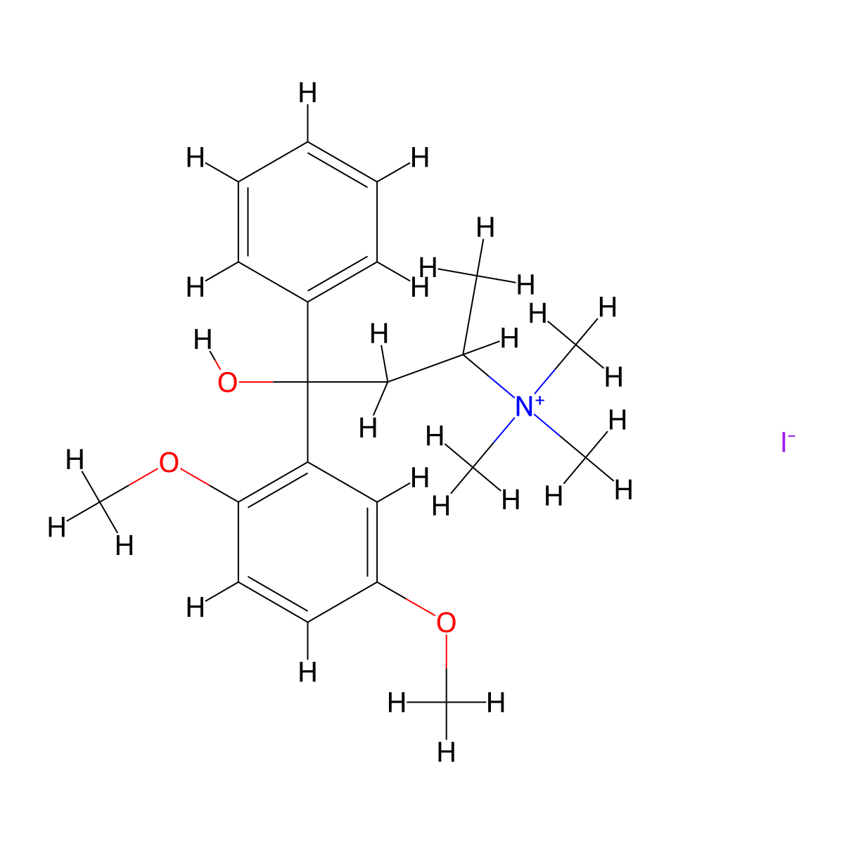 Benzenepropanaminium, gamma-hydroxy-2,5-dimethoxy-N,N,N,alpha-tetramethyl-gamma-phenyl-, iodide (1:1) molecular structure, CAS 1099-73-6