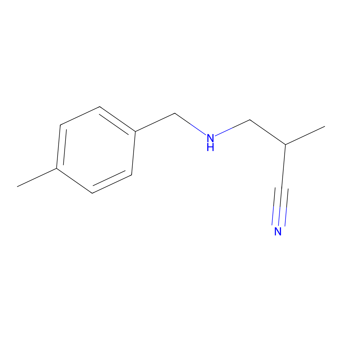 2-Methyl-3-(((4-methylphenyl)methyl)amino)propanenitrile molecular structure, CAS 1099610-37-3