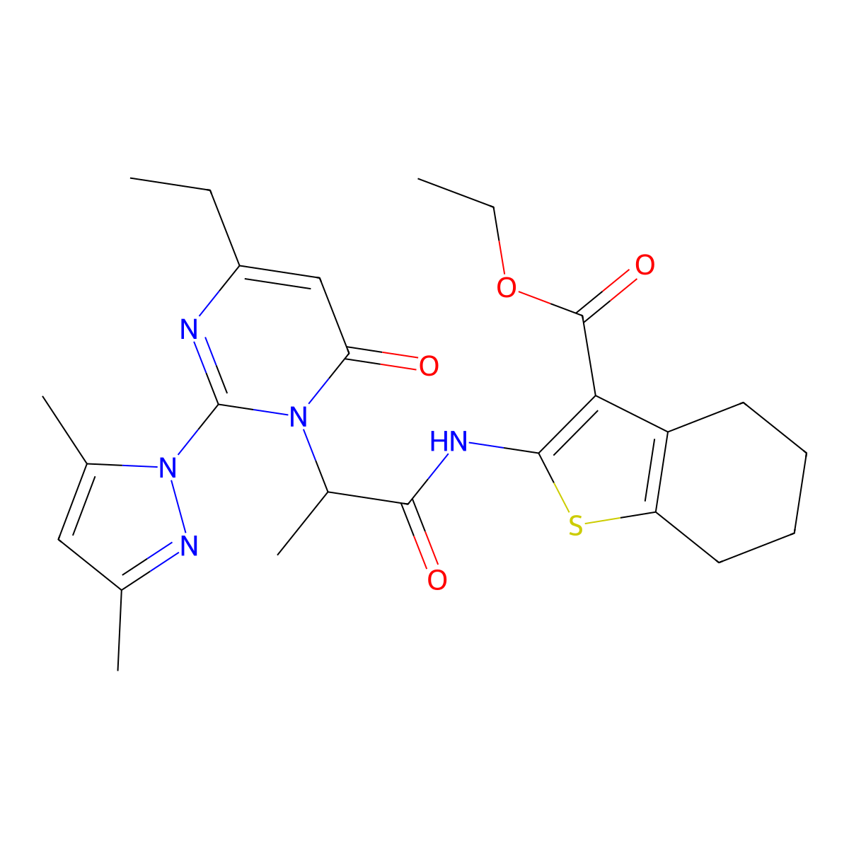 ethyl 2-(2-(2-(3,5-dimethyl-1H-pyrazol-1-yl)-4-ethyl-6-oxopyrimidin-1(6H)-yl)propanamido)-4,5,6,7-tetrahydrobenzo[b]thiophene-3-carboxylate molecular structure, CAS 1099616-62-2
