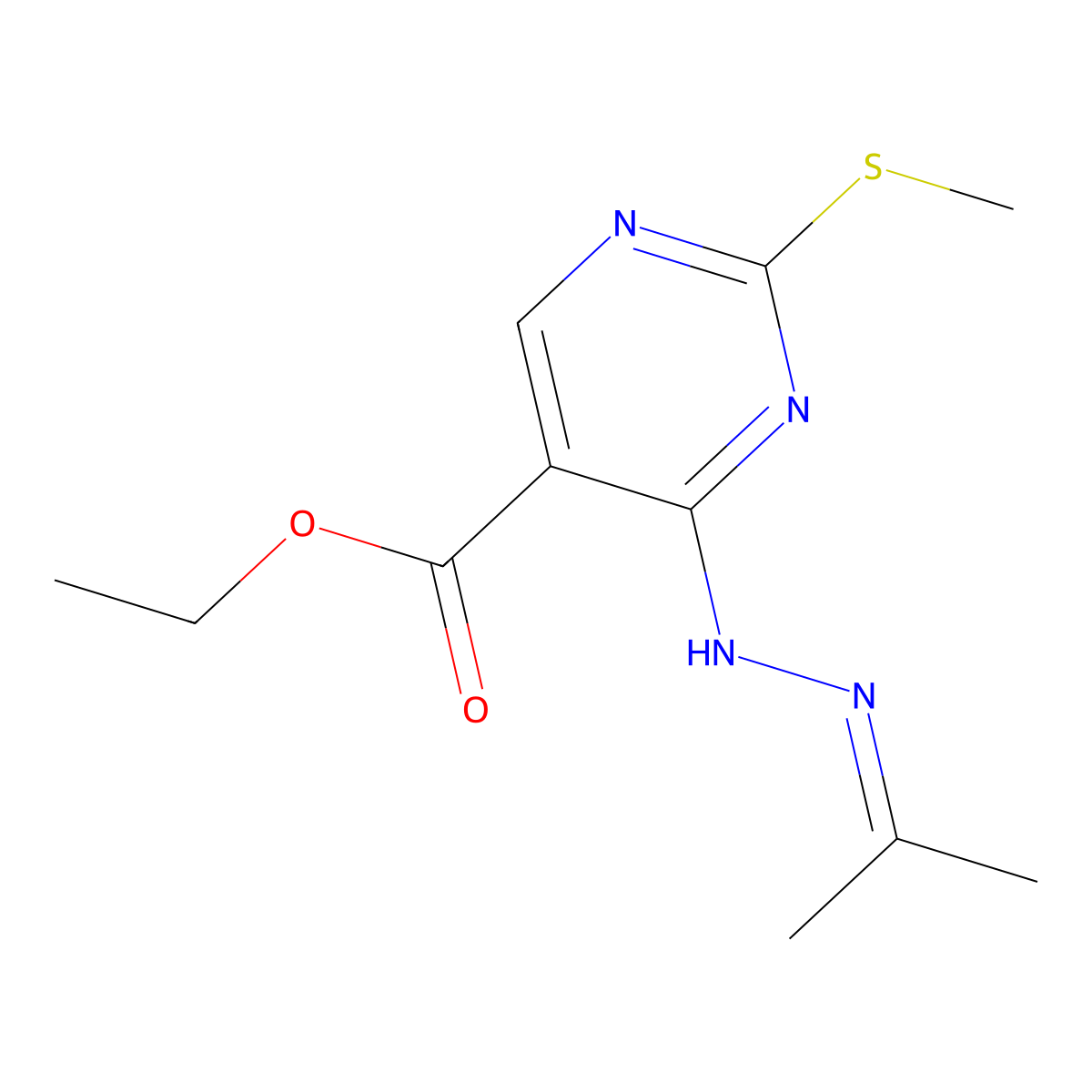 Ethyl 2-(methylthio)-4-(2-(propan-2-ylidene)hydrazinyl)pyrimidine-5-carboxylate molecular structure, CAS 109962-43-8