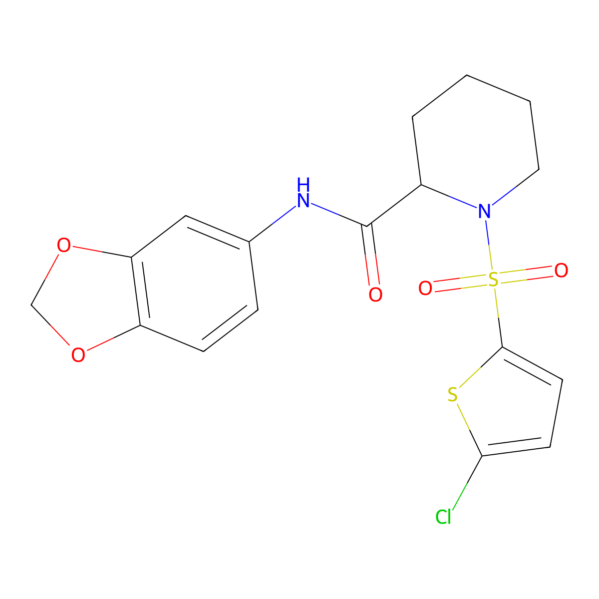 N-(benzo[d][1,3]dioxol-5-yl)-1-((5-chlorothiophen-2-yl)sulfonyl)piperidine-2-carboxamide molecular structure, CAS 1099784-41-4