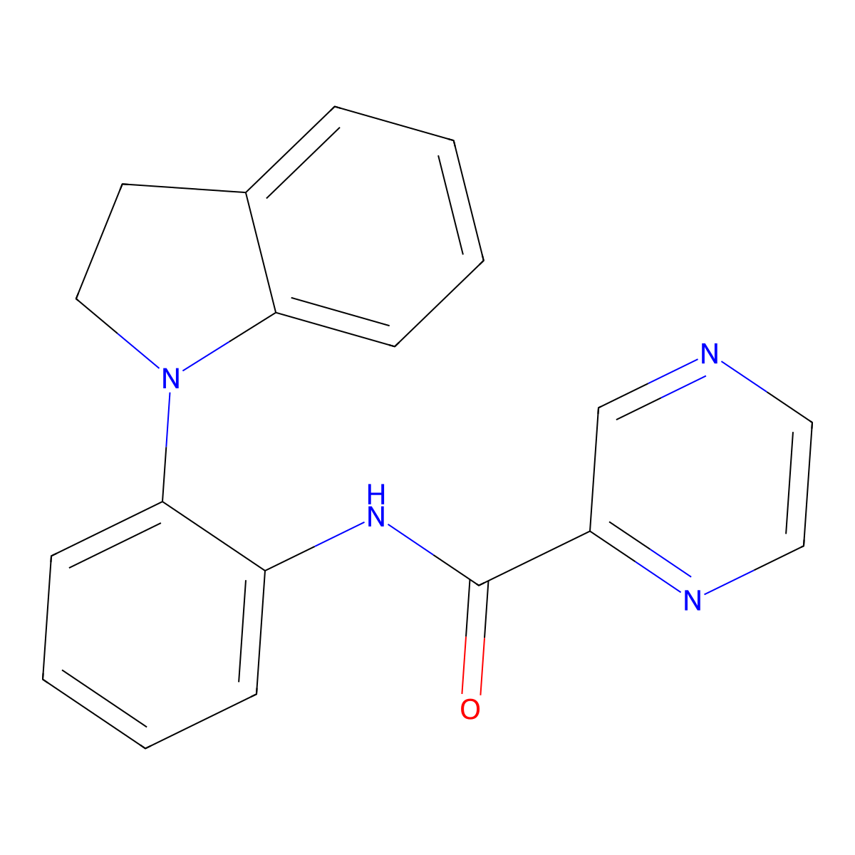 2-Pyrazinecarboxamide, N-[2-(2,3-dihydro-1H-indol-1-yl)phenyl]- molecular structure, CAS 1100121-56-9