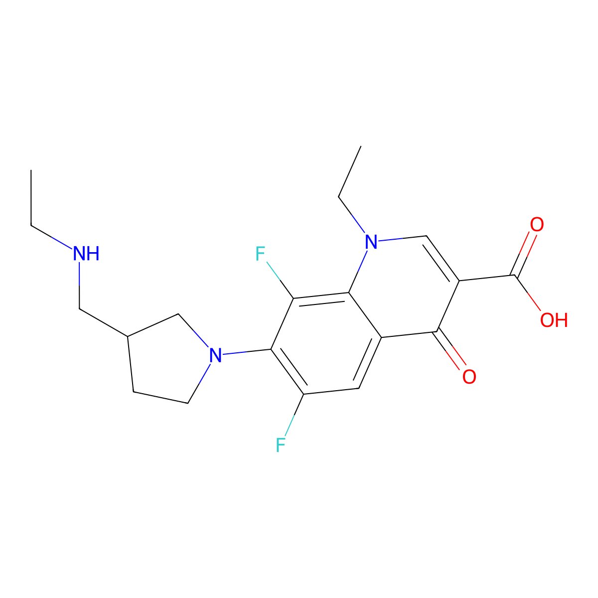 1-Ethyl-7-(3-((ethylamino)methyl)-1-pyrrolidinyl)-6,8-difluoro-1,4-dihydro-4-oxo-3-quinolinecarboxylic acid molecular structure, CAS 110013-21-3