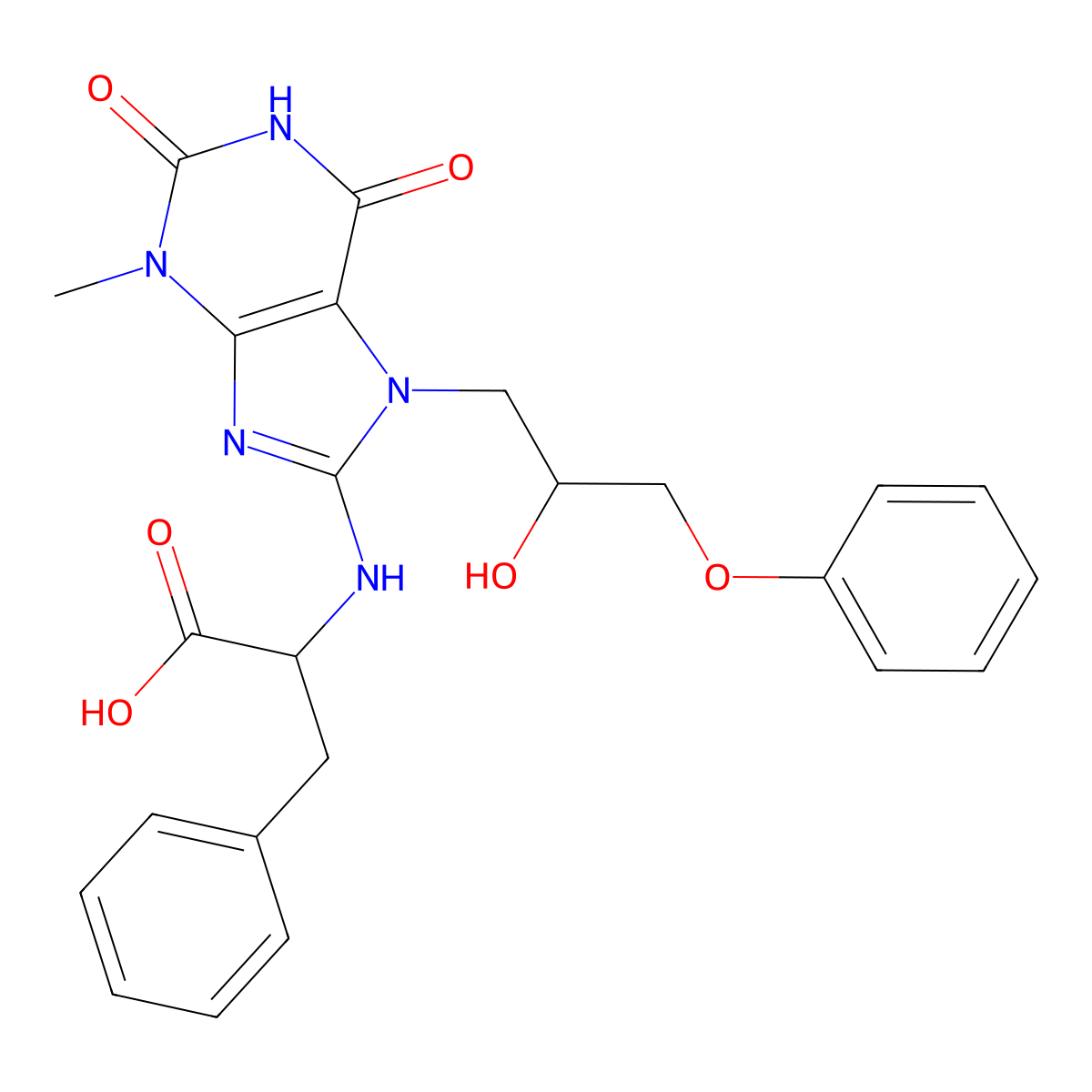 2-{[7-(2-hydroxy-3-phenoxypropyl)-3-methyl-2,6-dioxo-2,3,6,7-tetrahydro-1H-purin-8-yl]amino}-3-phenylpropanoic acid molecular structure, CAS 1100220-68-5