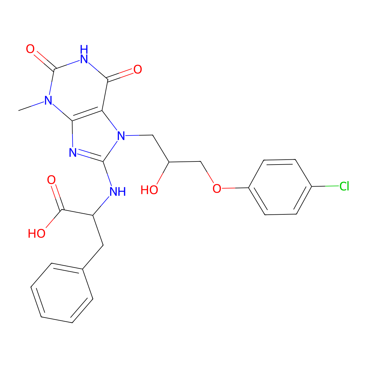2-((7-(3-(4-chlorophenoxy)-2-hydroxypropyl)-3-methyl-2,6-dioxo-2,3,6,7-tetrahydro-1H-purin-8-yl)amino)-3-phenylpropanoic acid molecular structure, CAS 1100220-69-6