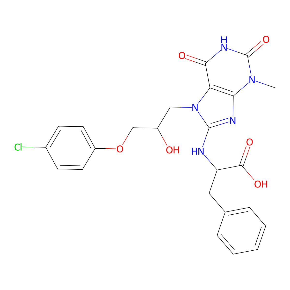 2-((7-(3-(4-chlorophenoxy)-2-hydroxypropyl)-3-methyl-2,6-dioxo-2,3,6,7-tetrahydro-1H-purin-8-yl)amino)-3-phenylpropanoic acid molecular structure, CAS 1100220-69-6