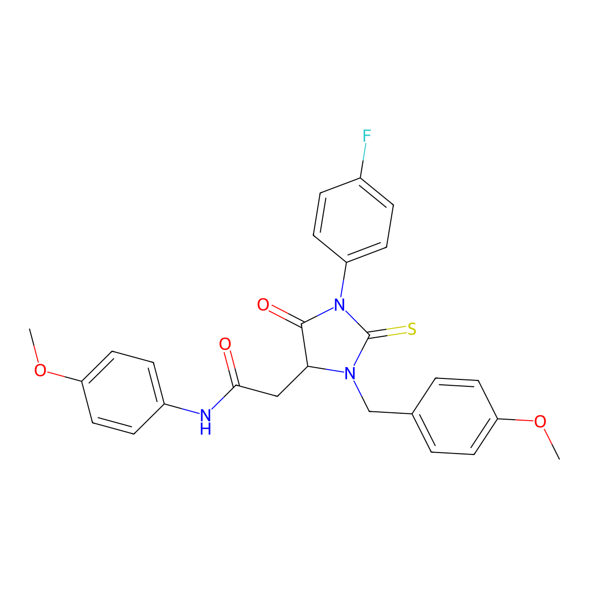2-[1-(4-fluorophenyl)-3-[(4-methoxyphenyl)methyl]-5-oxo-2-sulfanylideneimidazolidin-4-yl]-N-(4-methoxyphenyl)acetamide molecular structure, CAS 1100226-67-2