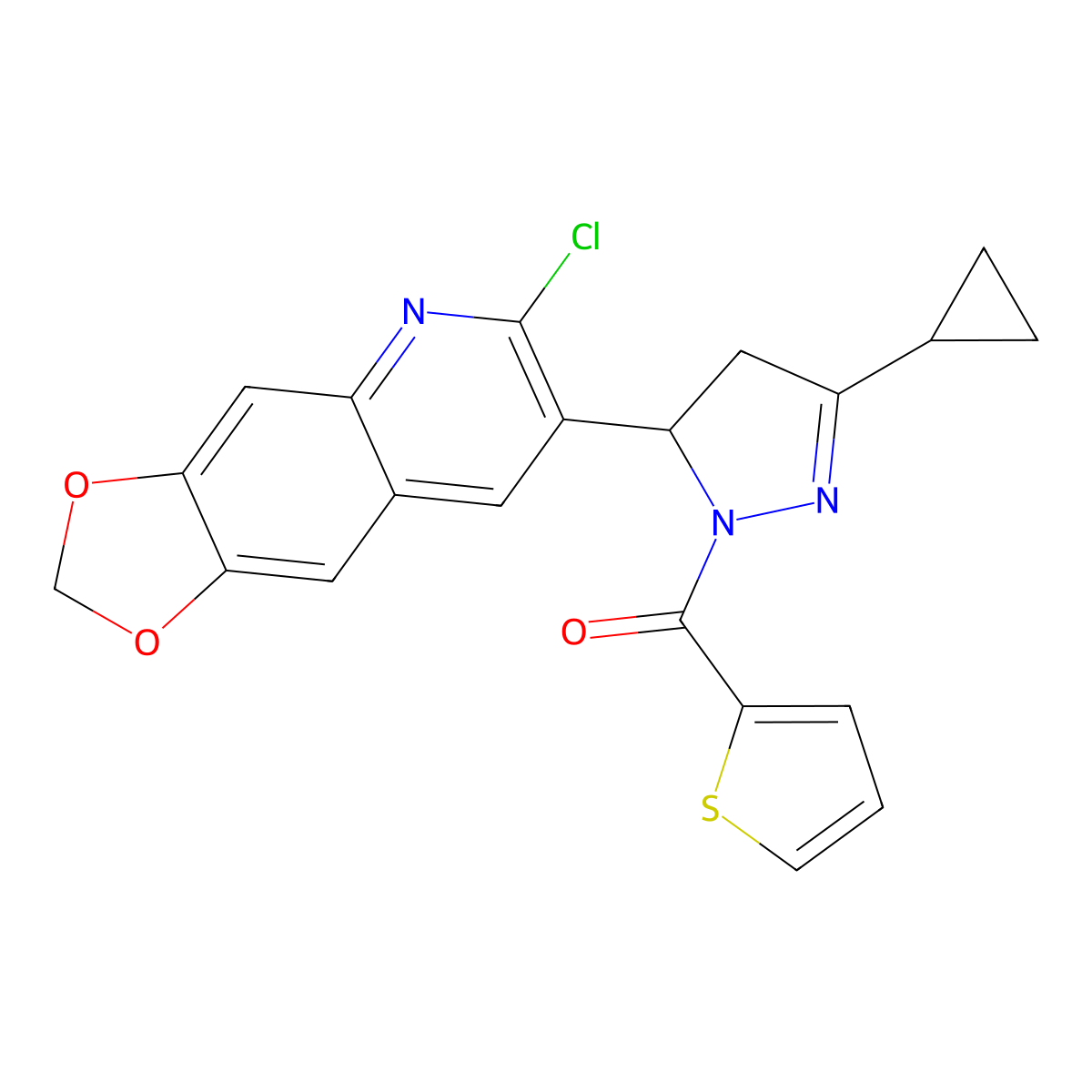 (5-(6-chloro-[1,3]dioxolo[4,5-g]quinolin-7-yl)-3-cyclopropyl-4,5-dihydro-1H-pyrazol-1-yl)(thiophen-2-yl)methanone molecular structure, CAS 1100291-69-7