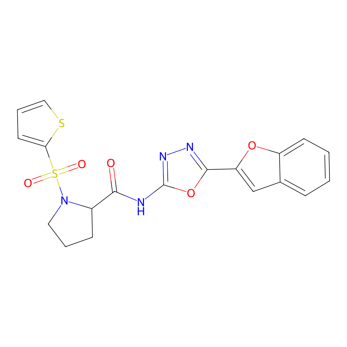N-(5-(benzofuran-2-yl)-1,3,4-oxadiazol-2-yl)-1-(thiophen-2-ylsulfonyl)pyrrolidine-2-carboxamide molecular structure, CAS 1100306-05-5