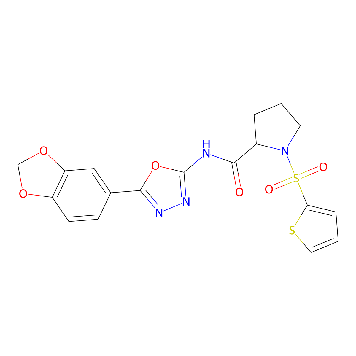 N-(5-(benzo[d][1,3]dioxol-5-yl)-1,3,4-oxadiazol-2-yl)-1-(thiophen-2-ylsulfonyl)pyrrolidine-2-carboxamide molecular structure, CAS 1100308-09-5