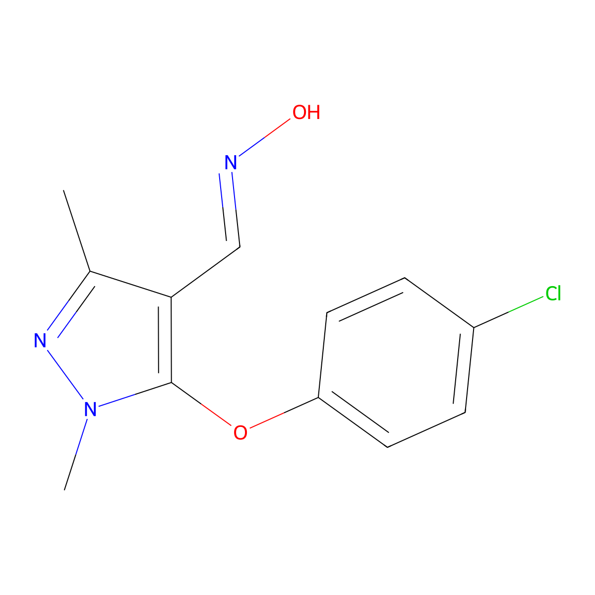5-(4-Chlorophenoxy)-1,3-dimethyl-pyrazole-4-carbaldehyde oxime molecular structure, CAS 110035-31-9