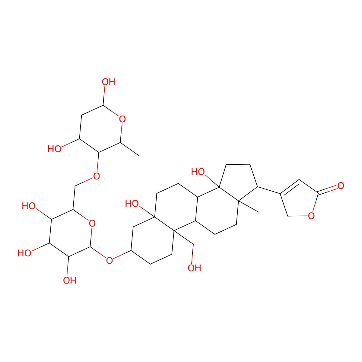 3-((3S,5S,10R,13R,14S,17R)-3-((2R,5S)-6-(((3R,6S)-4,6-dihydroxy-2-methyloxan-3-yl)oxymethyl)-3,4,5-trihydroxyoxan-2-yl)oxy-5,14-dihydroxy-10-(hydroxymethyl)-13-methyl-2,3,4,6,7,8,9,11,12,15,16,17-dodecahydro-1H-cyclopenta(a)phenanthren-17-yl)-2H-furan-5-one molecular structure, CAS 11006-14-7