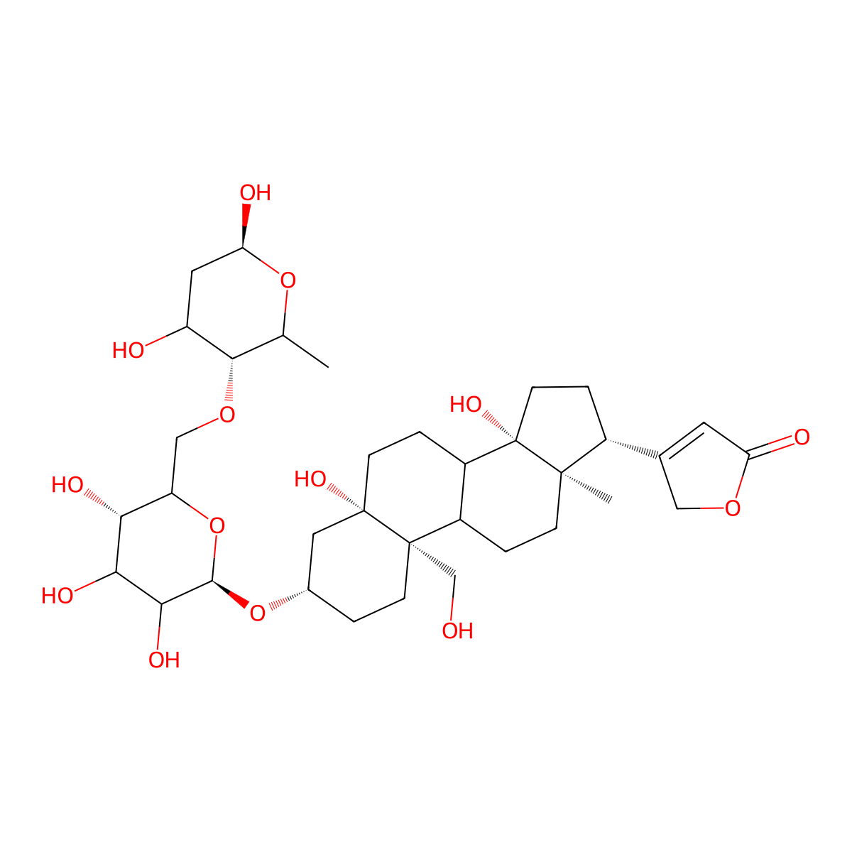3-((3S,5S,10R,13R,14S,17R)-3-((2R,5S)-6-(((3R,6S)-4,6-dihydroxy-2-methyloxan-3-yl)oxymethyl)-3,4,5-trihydroxyoxan-2-yl)oxy-5,14-dihydroxy-10-(hydroxymethyl)-13-methyl-2,3,4,6,7,8,9,11,12,15,16,17-dodecahydro-1H-cyclopenta(a)phenanthren-17-yl)-2H-furan-5-one molecular structure, CAS 11006-14-7