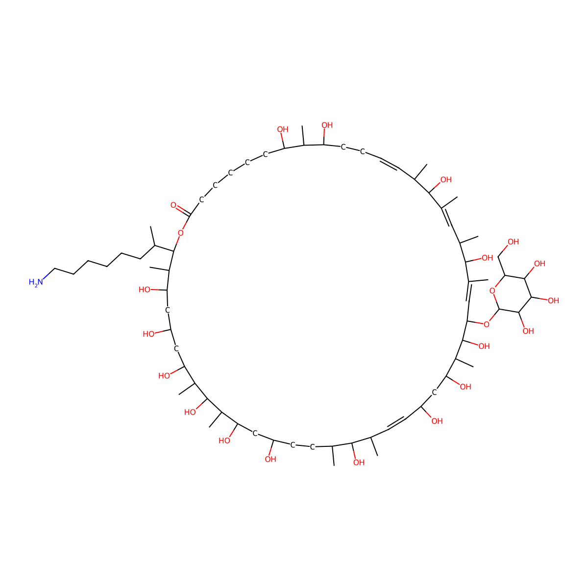 (13E,17E,21E,29Z)-48-(8-aminooctan-2-yl)-8,10,16,20,24,26,28,32,36,38,40,42,44,46-tetradecahydroxy-9,15,17,19,21,25,31,33,39,41,47-undecamethyl-23-[(2S,3S,4S,5S,6R)-3,4,5-trihydroxy-6-(hydroxymethyl)oxan-2-yl]oxy-1-oxacyclooctatetraconta-13,17,21,29-tetraen-2-one molecular structure, CAS 11006-31-8
