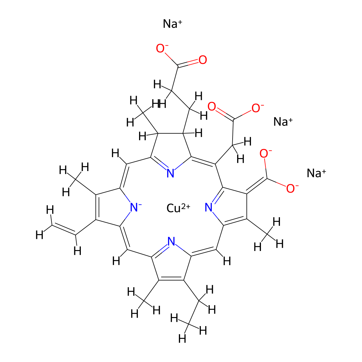 (7S,8S)-3-Carboxy-5-(carboxymethyl)-13-ethenyl-18-ethyl-7,8-dihydro-2,8,12,17-tetramethyl-21H,23H-porphine-7-propanoic acid,Cuprate,trisodium , Chlorophyllin sodium copper salt molecular structure, CAS 11006-34-1