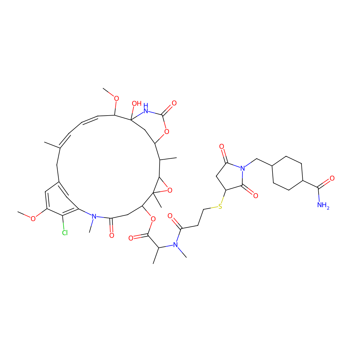 [(1S,2R,3S,5S,6S,20R,21S)-11-chloro-21-hydroxy-12,20-dimethoxy-2,5,9,16-tetramethyl-8,23-dioxo-4,24-dioxa-9,22-diazatetracyclo[19.3.1.110,14.03,5]hexacosa-10,12,14(26),16,18-pentaen-6-yl] (2S)-2-[3-[1-[(4-carbamoylcyclohexyl)methyl]-2,5-dioxopyrrolidin-3-yl]sulfanylpropanoyl-methylamino]propanoate molecular structure, CAS 1100692-14-5