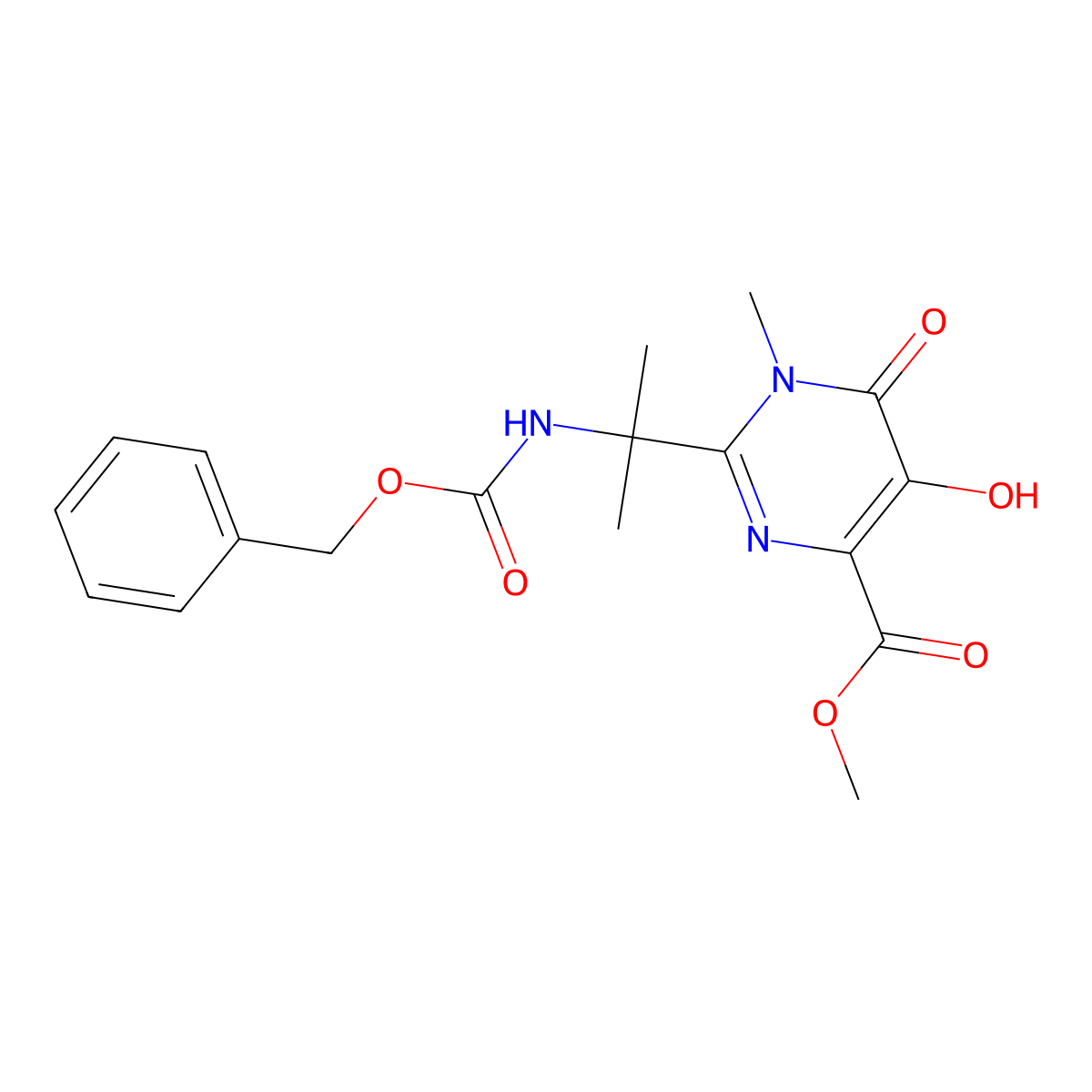 Methyl 2-(2-{[(benzyloxy)carbonyl]amino}propan-2-yl)-5-hydroxy-1-methyl-6-oxo-1,6-dihydropyrimidine-4-carboxylate molecular structure, CAS 1100750-74-0