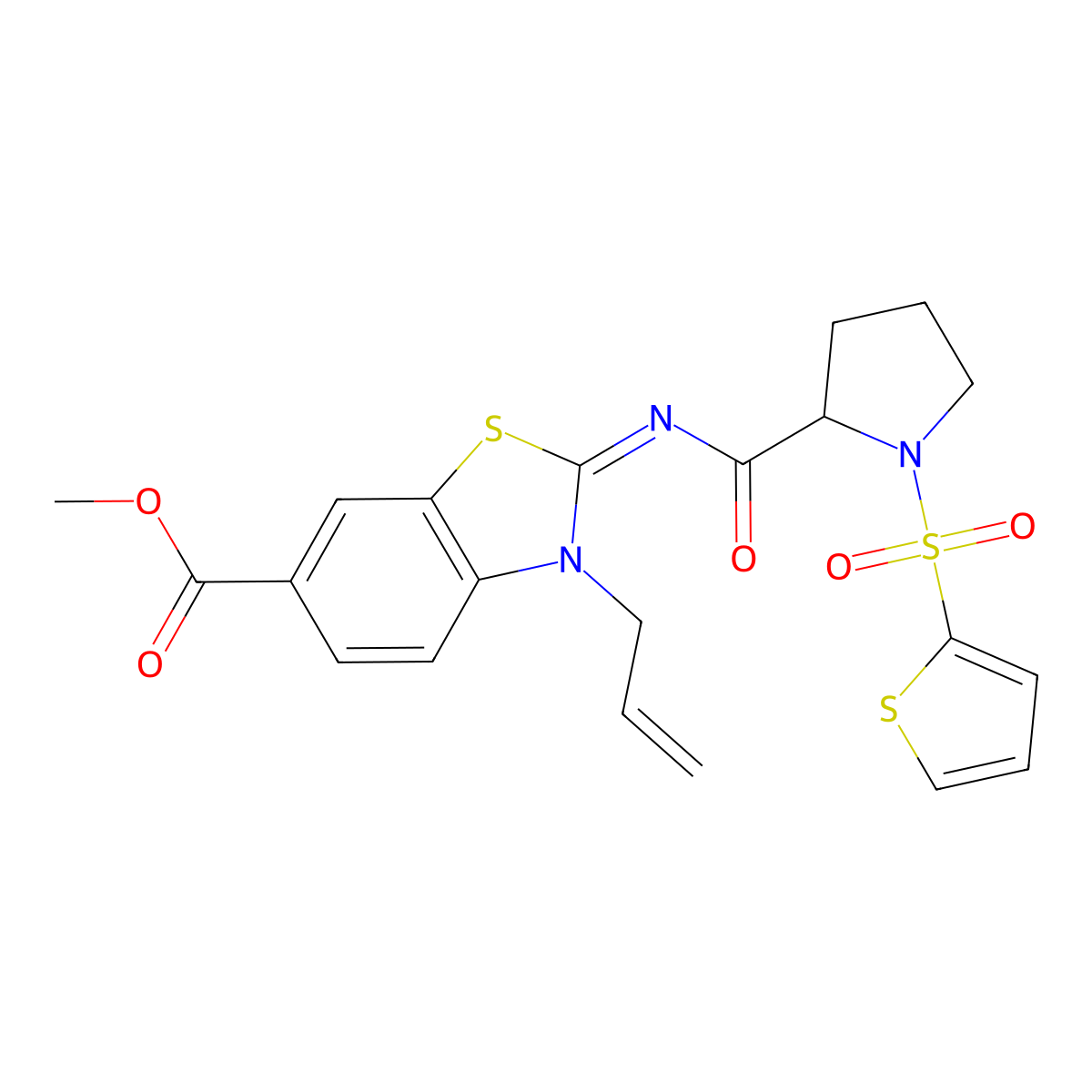 (E)-methyl 3-allyl-2-((1-(thiophen-2-ylsulfonyl)pyrrolidine-2-carbonyl)imino)-2,3-dihydrobenzo[d]thiazole-6-carboxylate molecular structure, CAS 1100753-24-9