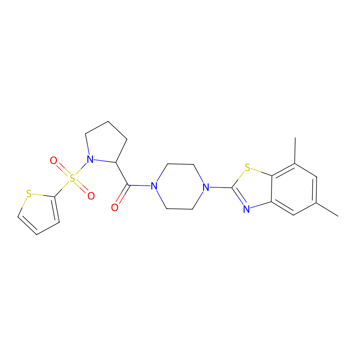 (4-(5,7-Dimethylbenzo[d]thiazol-2-yl)piperazin-1-yl)(1-(thiophen-2-ylsulfonyl)pyrrolidin-2-yl)methanone molecular structure, CAS 1100755-33-6