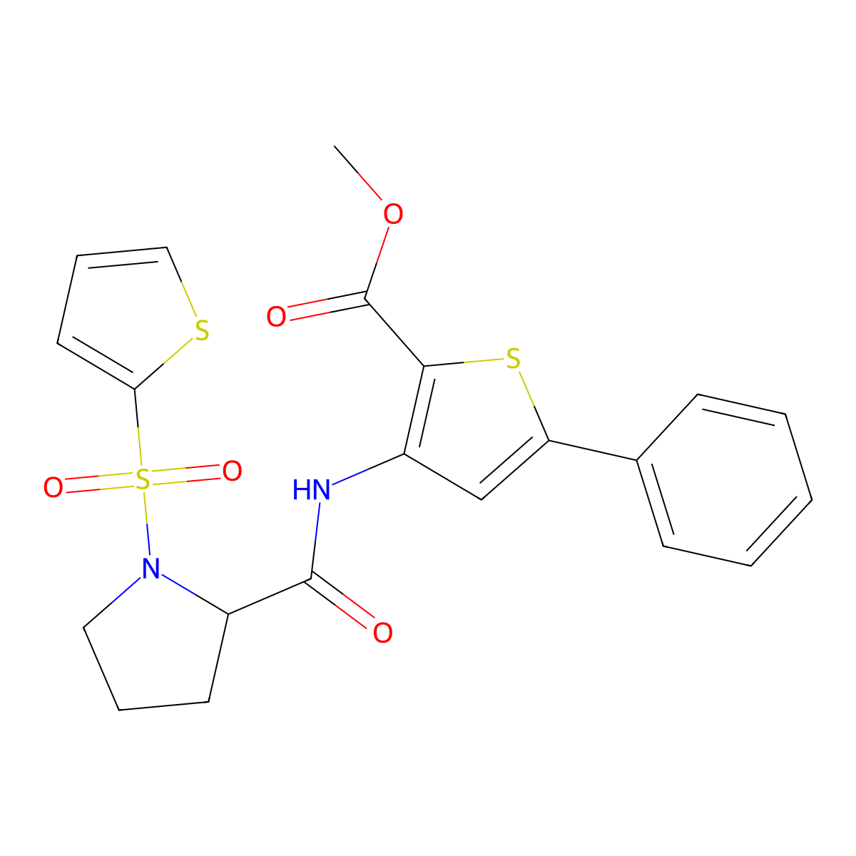 Methyl 5-phenyl-3-(1-(thiophen-2-ylsulfonyl)pyrrolidine-2-carboxamido)thiophene-2-carboxylate molecular structure, CAS 1100761-19-0