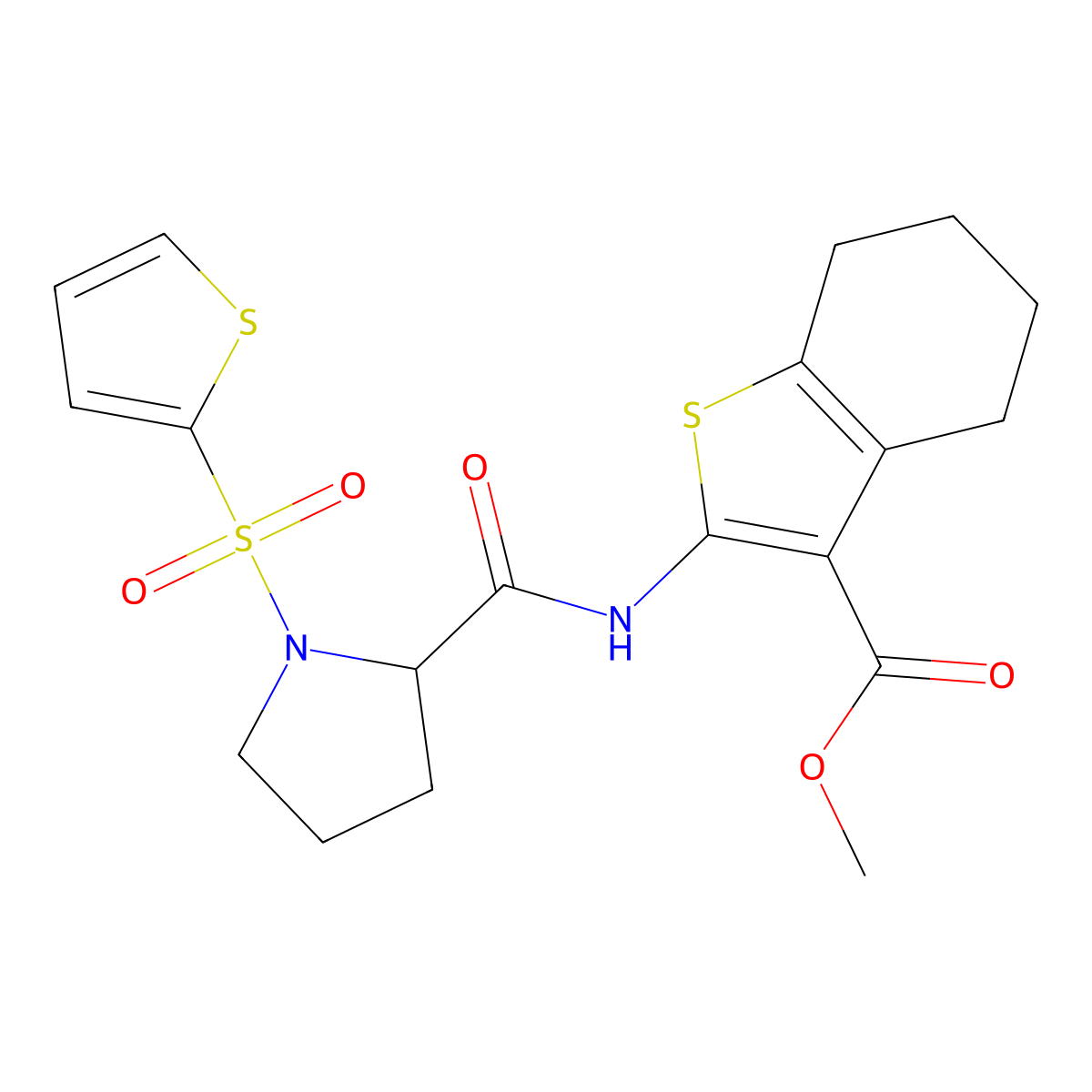 Methyl 2-(1-(thiophen-2-ylsulfonyl)pyrrolidine-2-carboxamido)-4,5,6,7-tetrahydrobenzo[b]thiophene-3-carboxylate molecular structure, CAS 1100761-38-3
