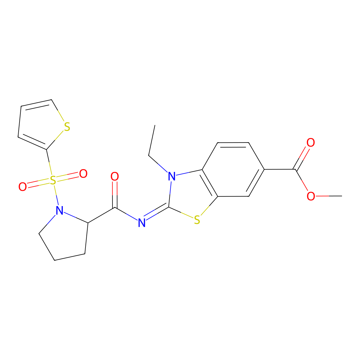 (E)-methyl 3-ethyl-2-((1-(thiophen-2-ylsulfonyl)pyrrolidine-2-carbonyl)imino)-2,3-dihydrobenzo[d]thiazole-6-carboxylate molecular structure, CAS 1100762-15-9
