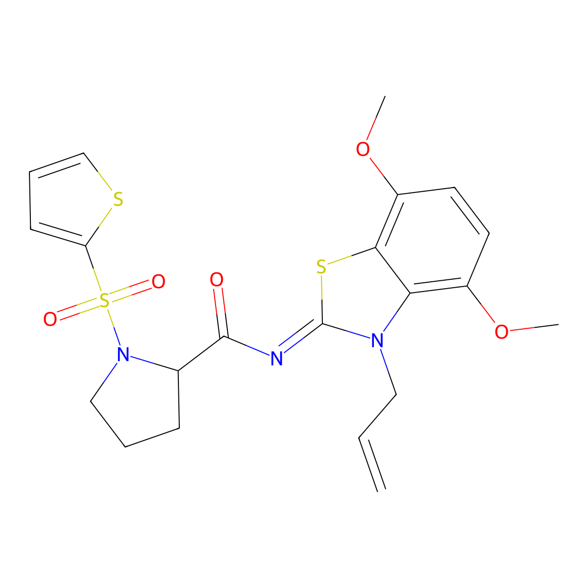 (E)-N-(3-allyl-4,7-dimethoxybenzo[d]thiazol-2(3H)-ylidene)-1-(thiophen-2-ylsulfonyl)pyrrolidine-2-carboxamide molecular structure, CAS 1100771-49-0