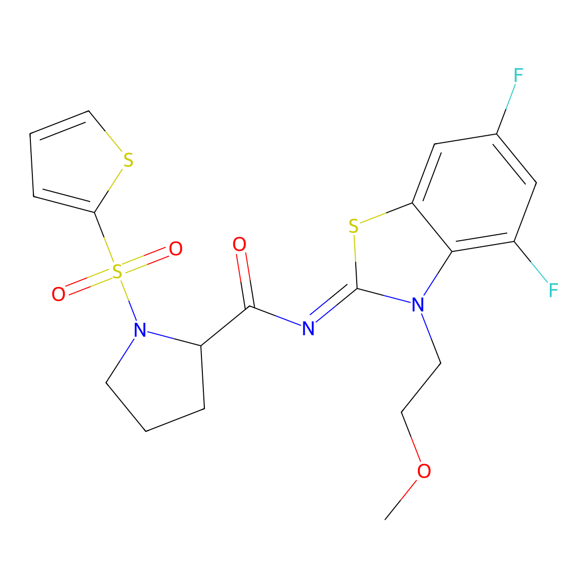 (E)-N-(4,6-difluoro-3-(2-methoxyethyl)benzo[d]thiazol-2(3H)-ylidene)-1-(thiophen-2-ylsulfonyl)pyrrolidine-2-carboxamide molecular structure, CAS 1100782-87-3