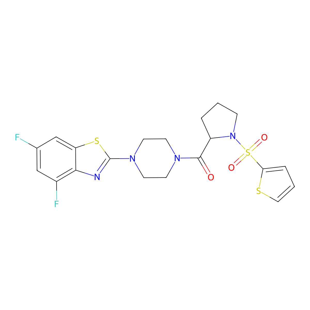 (4-(4,6-Difluorobenzo[d]thiazol-2-yl)piperazin-1-yl)(1-(thiophen-2-ylsulfonyl)pyrrolidin-2-yl)methanone molecular structure, CAS 1100785-24-7