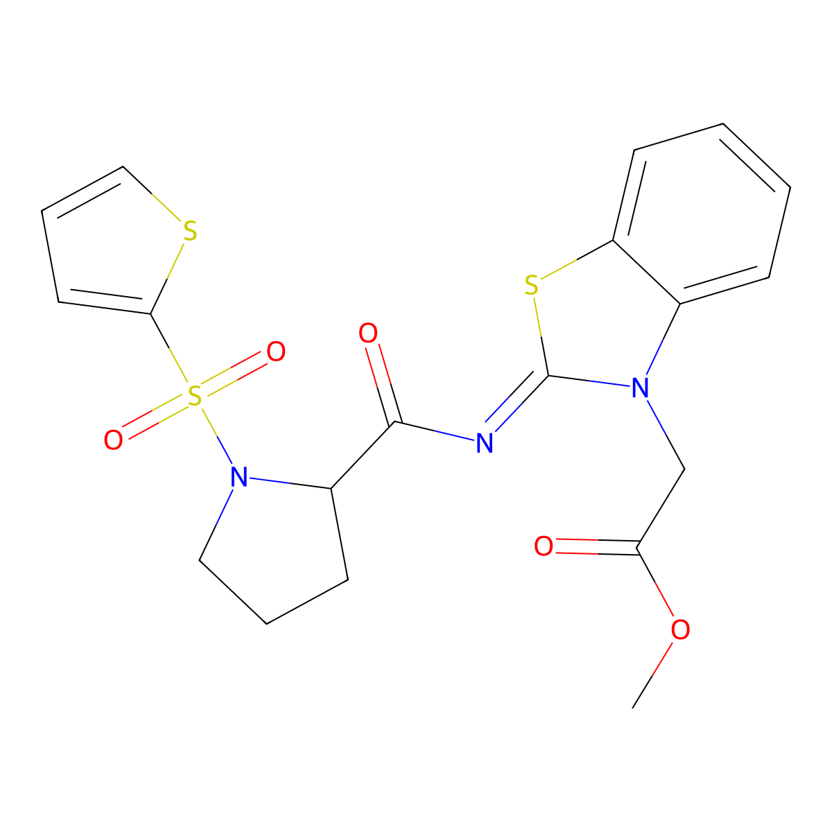 (E)-methyl 2-(2-((1-(thiophen-2-ylsulfonyl)pyrrolidine-2-carbonyl)imino)benzo[d]thiazol-3(2H)-yl)acetate molecular structure, CAS 1100792-51-5