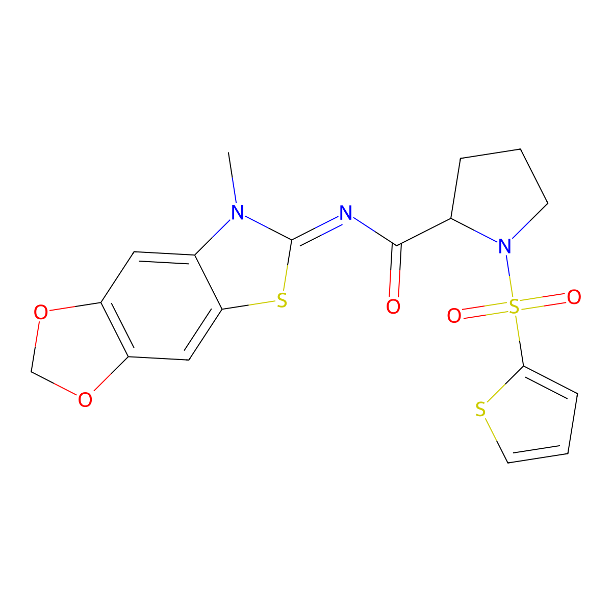 N-[(11E)-12-methyl-4,6-dioxa-10-thia-12-azatricyclo[7.3.0.0^{3,7}]dodeca-1(9),2,7-trien-11-ylidene]-1-(thiophene-2-sulfonyl)pyrrolidine-2-carboxamide molecular structure, CAS 1101052-16-7