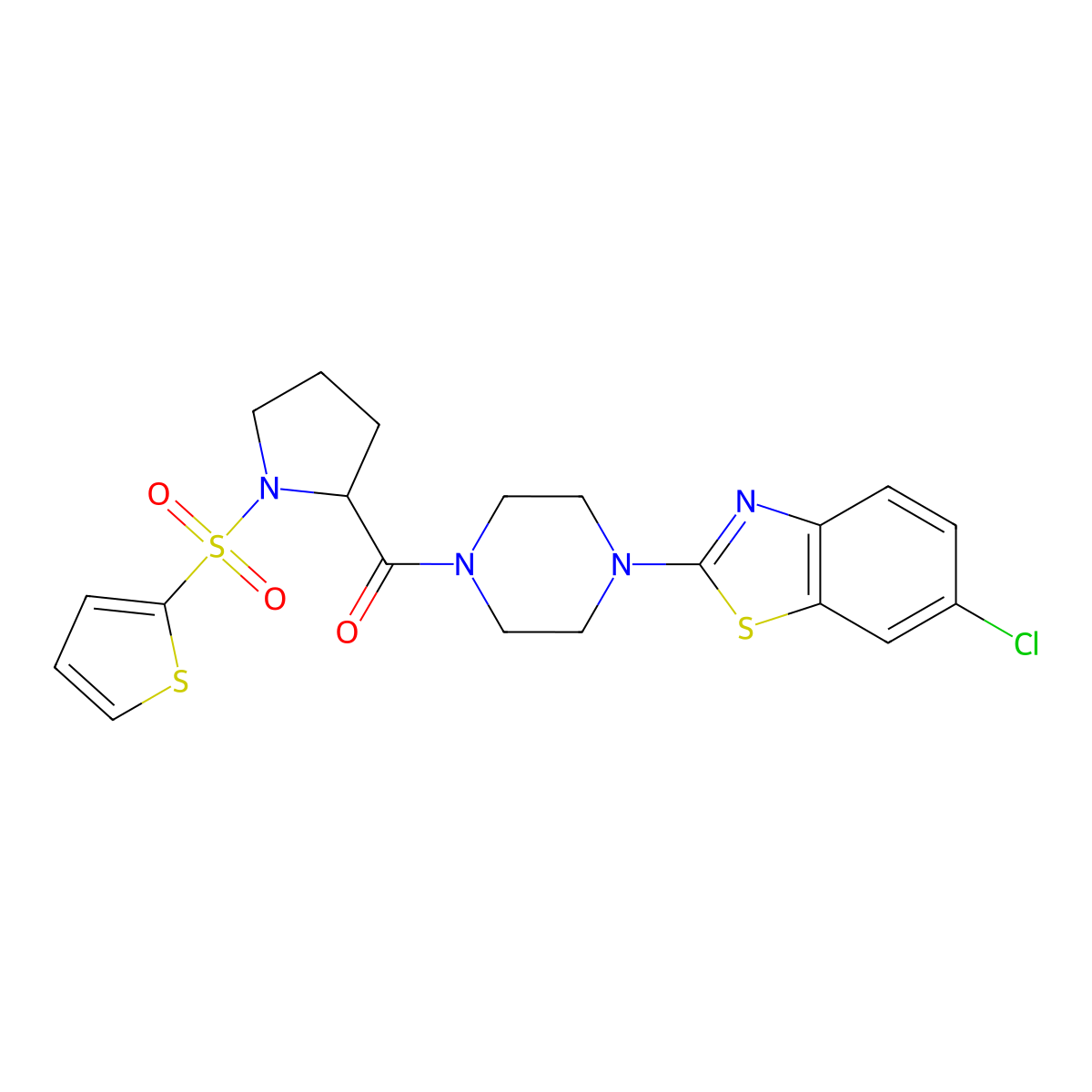 (4-(6-Chlorobenzo[d]thiazol-2-yl)piperazin-1-yl)(1-(thiophen-2-ylsulfonyl)pyrrolidin-2-yl)methanone molecular structure, CAS 1101176-48-0