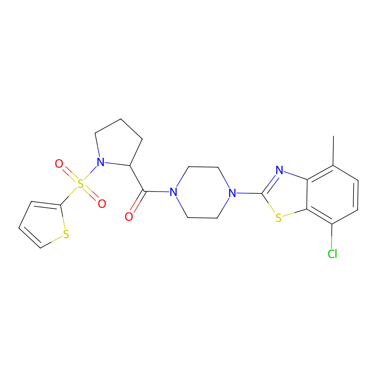 (4-(7-Chloro-4-methylbenzo[d]thiazol-2-yl)piperazin-1-yl)(1-(thiophen-2-ylsulfonyl)pyrrolidin-2-yl)methanone molecular structure, CAS 1101177-24-5