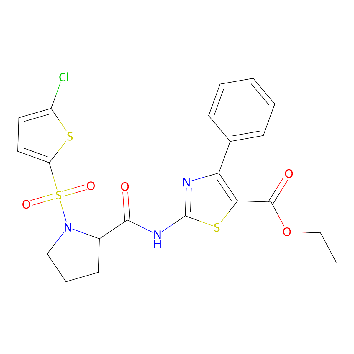 Ethyl 2-(1-((5-chlorothiophen-2-yl)sulfonyl)pyrrolidine-2-carboxamido)-4-phenylthiazole-5-carboxylate molecular structure, CAS 1101178-54-4