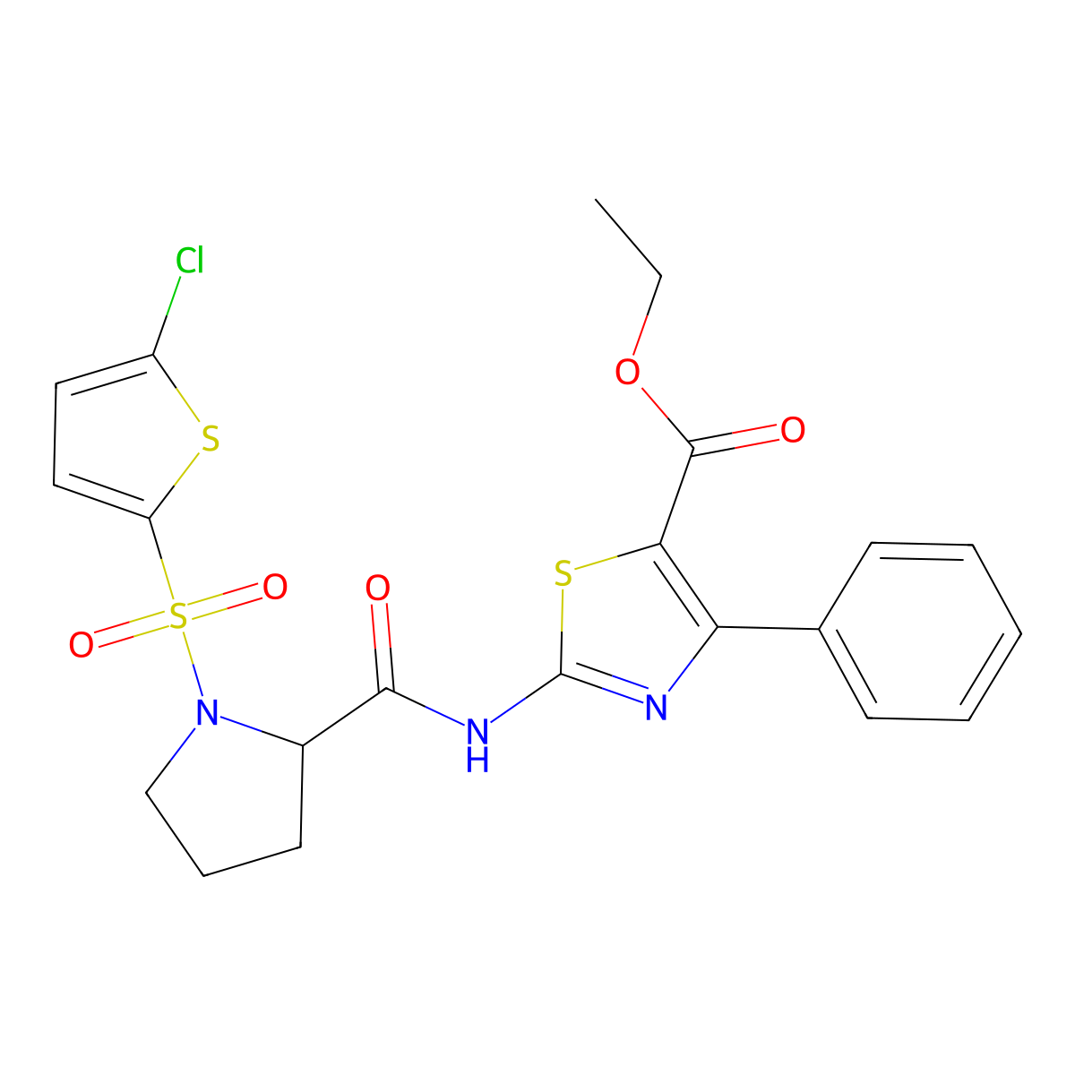 Ethyl 2-(1-((5-chlorothiophen-2-yl)sulfonyl)pyrrolidine-2-carboxamido)-4-phenylthiazole-5-carboxylate molecular structure, CAS 1101178-54-4