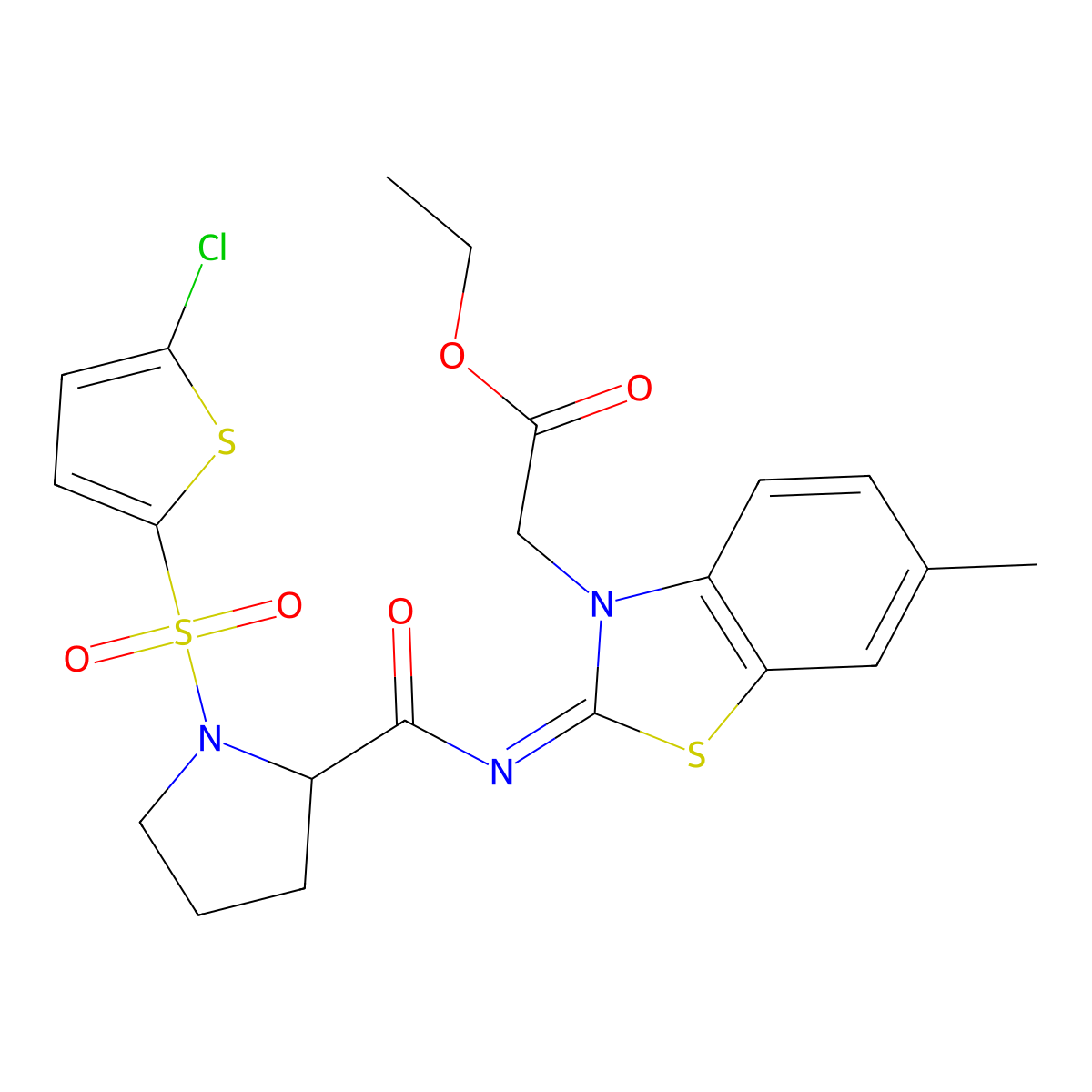 (E)-ethyl 2-(2-((1-((5-chlorothiophen-2-yl)sulfonyl)pyrrolidine-2-carbonyl)imino)-6-methylbenzo[d]thiazol-3(2H)-yl)acetate molecular structure, CAS 1101180-32-8