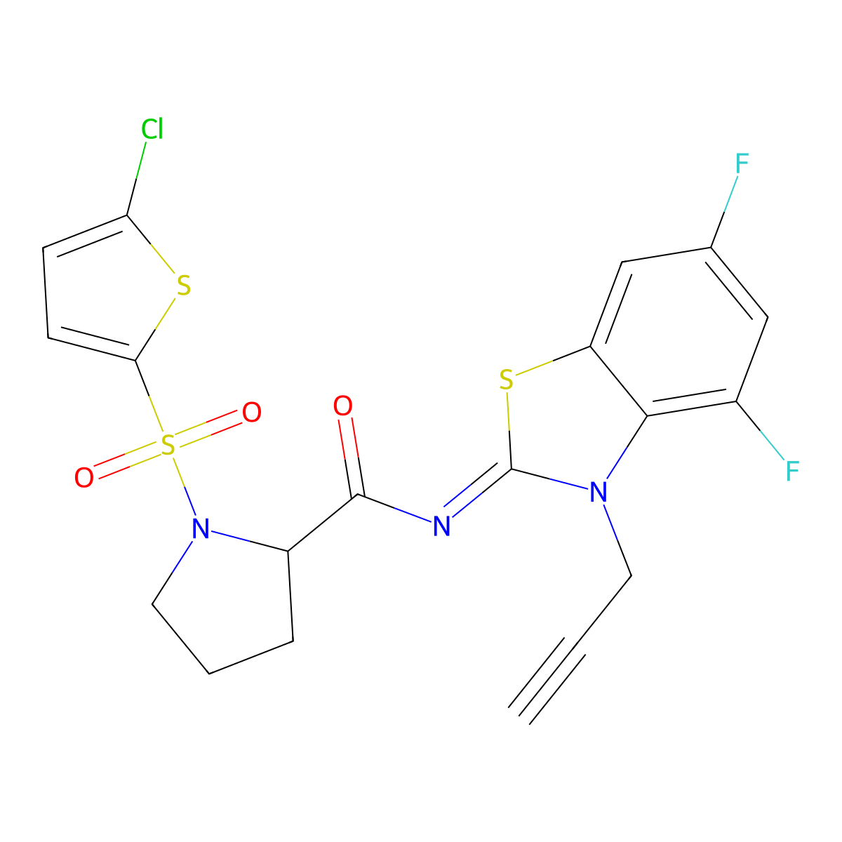 (E)-1-((5-chlorothiophen-2-yl)sulfonyl)-N-(4,6-difluoro-3-(prop-2-yn-1-yl)benzo[d]thiazol-2(3H)-ylidene)pyrrolidine-2-carboxamide molecular structure, CAS 1101186-43-9