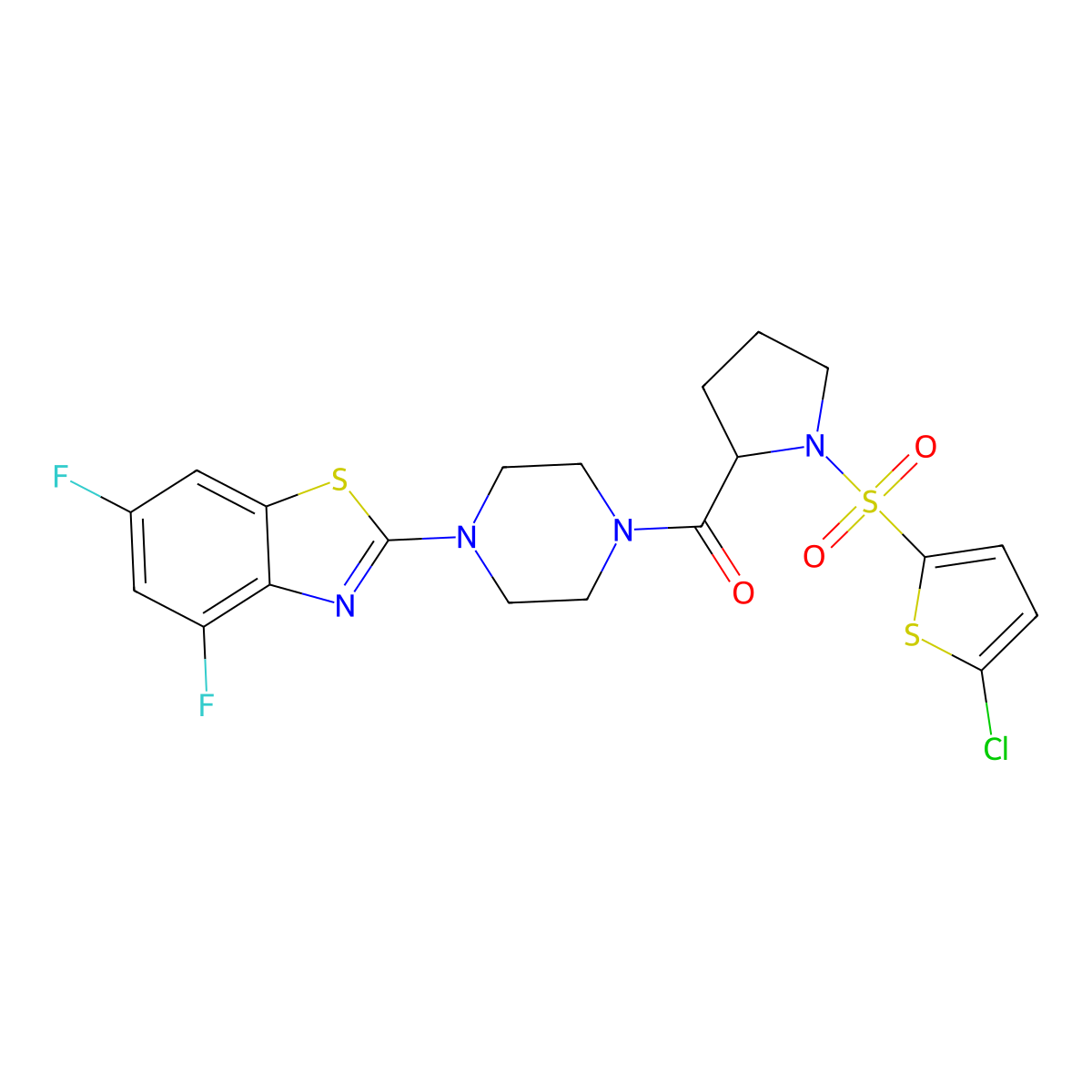 (1-((5-Chlorothiophen-2-yl)sulfonyl)pyrrolidin-2-yl)(4-(4,6-difluorobenzo[d]thiazol-2-yl)piperazin-1-yl)methanone molecular structure, CAS 1101187-54-5