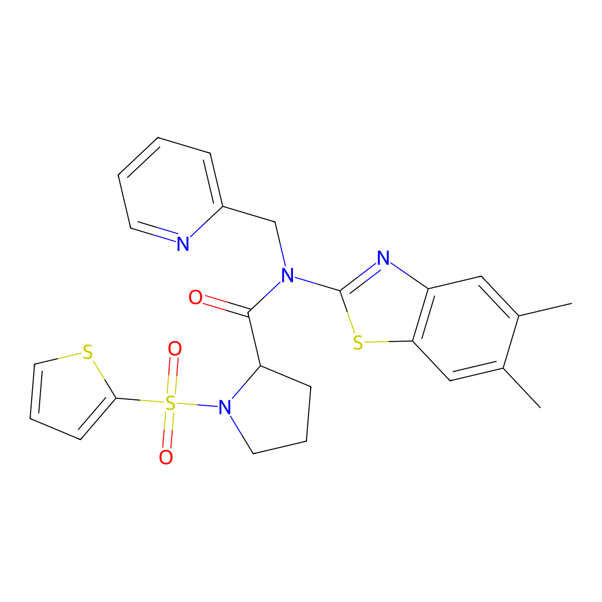 N-(5,6-dimethyl-1,3-benzothiazol-2-yl)-N-[(pyridin-2-yl)methyl]-1-(thiophene-2-sulfonyl)pyrrolidine-2-carboxamide molecular structure, CAS 1101188-06-0