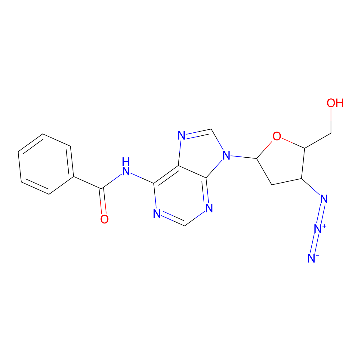 N-[9-[(2R,4R,5S)-4-azido-5-(hydroxymethyl)oxolan-2-yl]purin-6-yl]benzamide molecular structure, CAS 110143-02-7