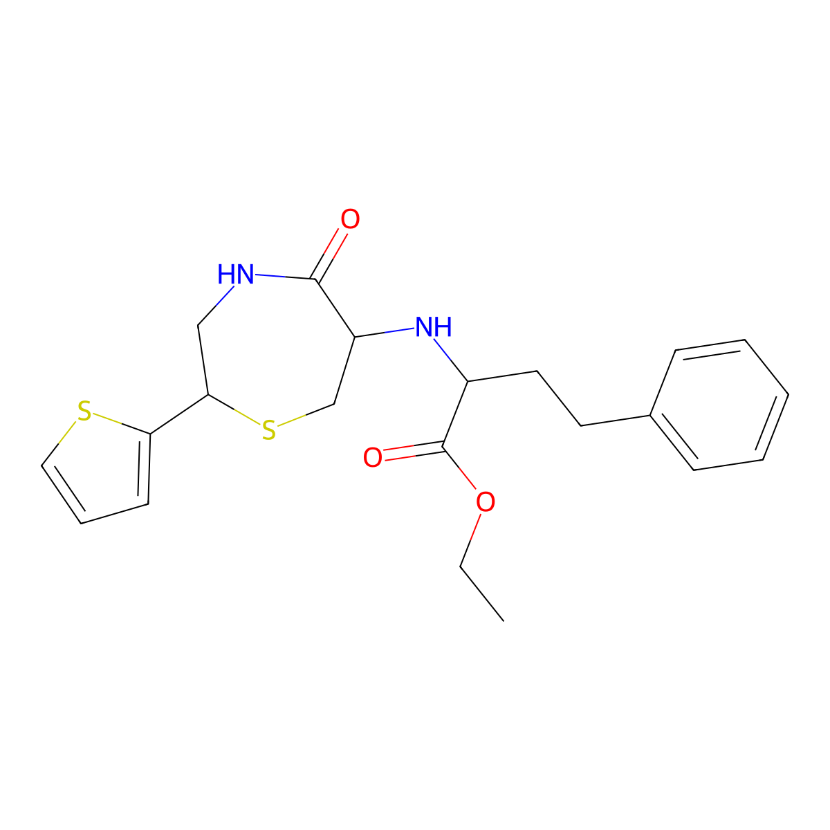 (S)-Ethyl 2-(((2S,6R)-5-oxo-2-(thiophen-2-yl)-1,4-thiazepan-6-yl)amino)-4-phenylbutanoate molecular structure, CAS 110143-57-2