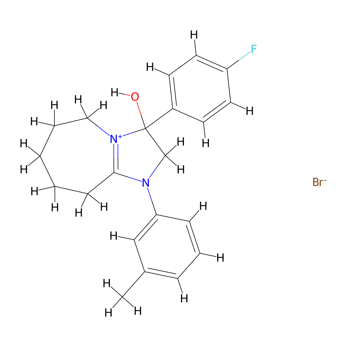3-(4-fluorophenyl)-3-hydroxy-1-(m-tolyl)-3,5,6,7,8,9-hexahydro-2H-imidazo[1,2-a]azepin-1-ium bromide molecular structure, CAS 1101743-61-6