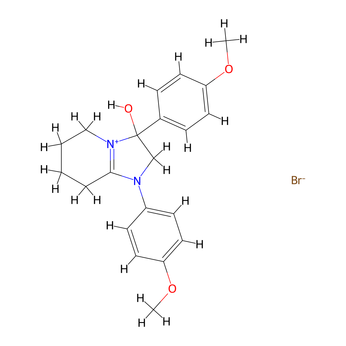 3-Hydroxy-1,3-bis(4-methoxyphenyl)-2,3,5,6,7,8-hexahydroimidazo[1,2-a]pyridin-1-ium bromide molecular structure, CAS 1101746-37-5