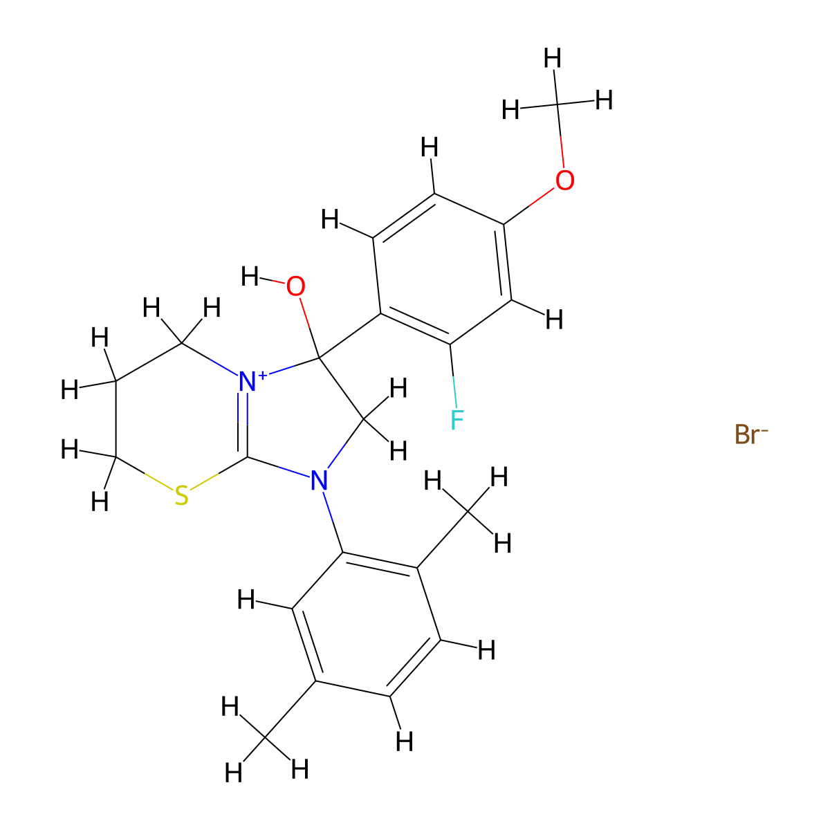 1-(2,5-dimethylphenyl)-3-(2-fluoro-4-methoxyphenyl)-3-hydroxy-3,5,6,7-tetrahydro-2H-imidazo[2,1-b][1,3]thiazin-1-ium bromide molecular structure, CAS 1101775-87-4