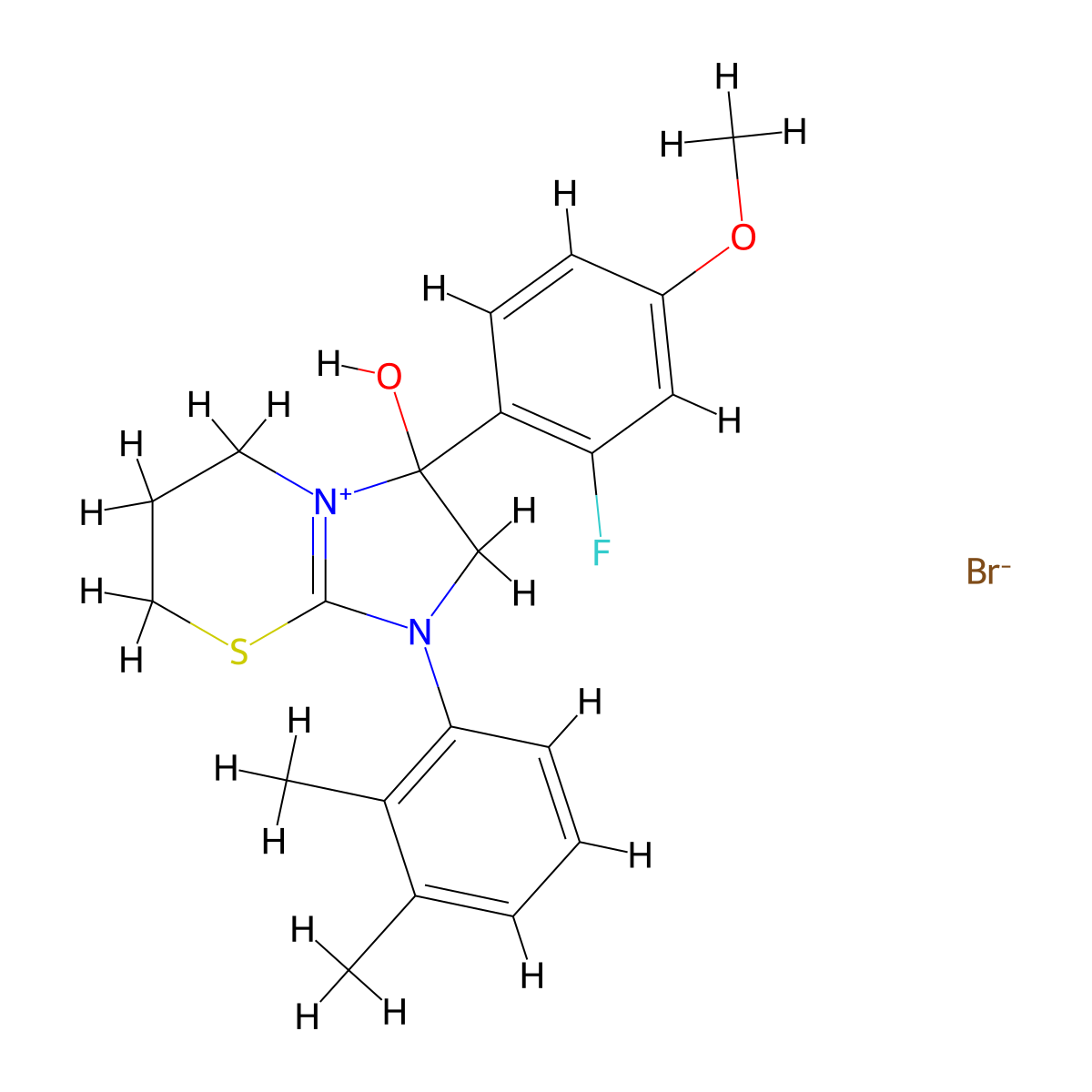 1-(2,3-dimethylphenyl)-3-(2-fluoro-4-methoxyphenyl)-3-hydroxy-2H,3H,5H,6H,7H-1lambda5-imidazo[2,1-b][1,3]thiazin-1-ylium bromide molecular structure, CAS 1101775-95-4